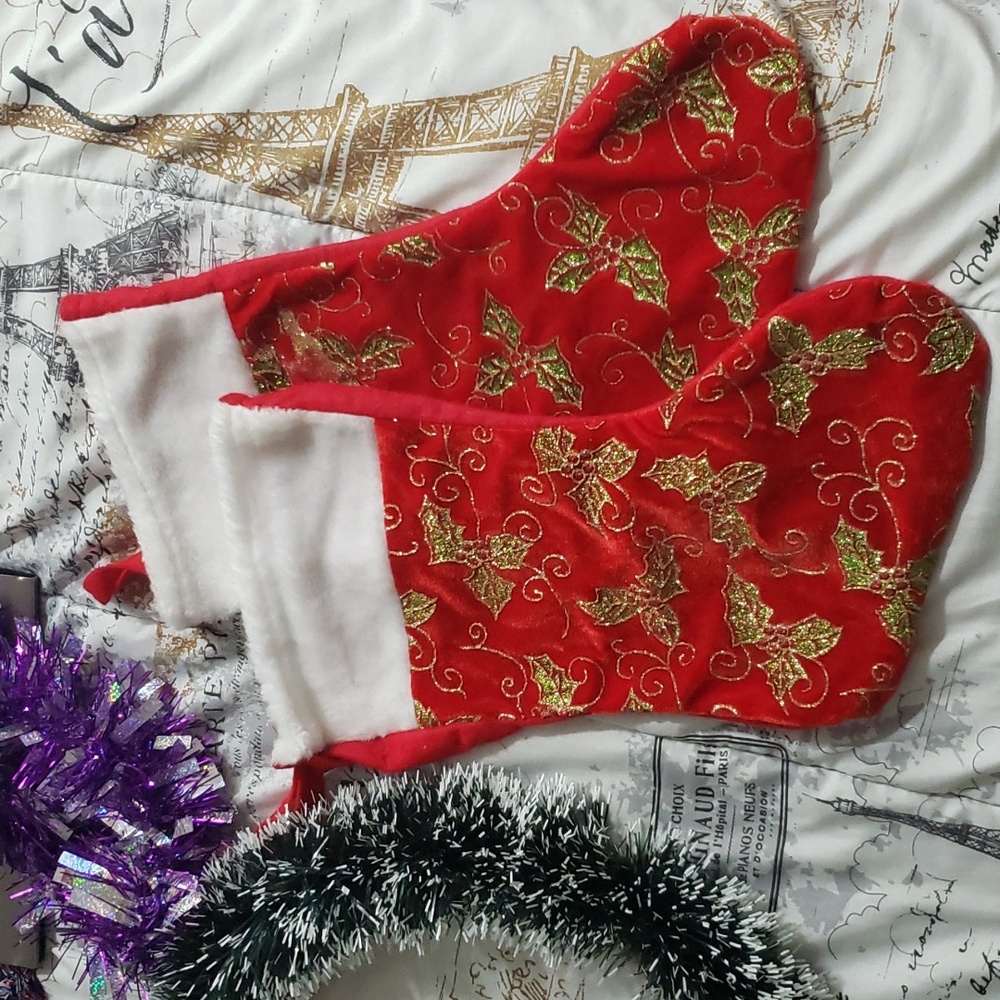 15 Inch Deep Red with Gold & Green Poinsettia Accent Holiday Stockings S…
